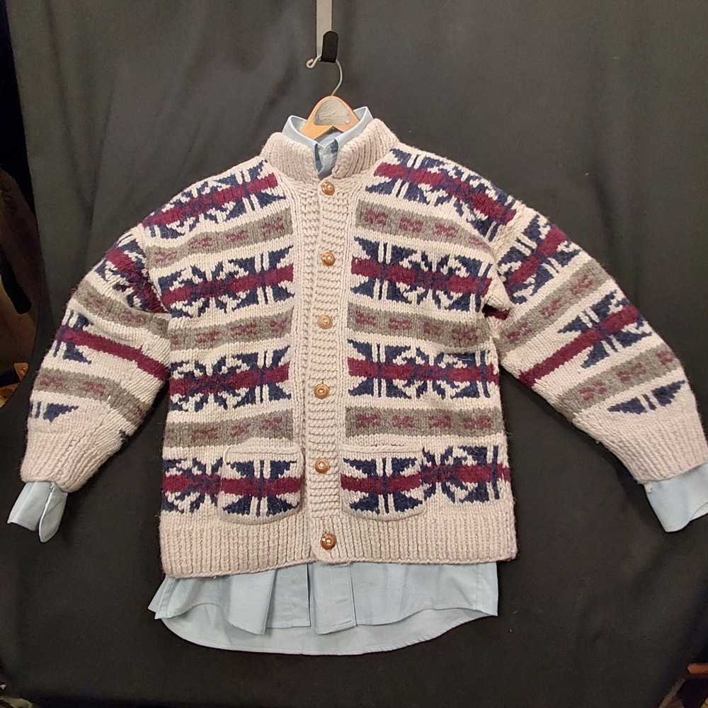 Artesanias Ishka Hand Knit Wool Cardigan Otavalo Ecuador Nordic Star Mens L